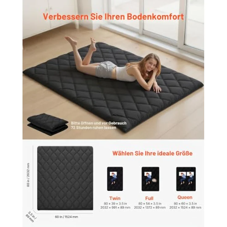 VEVOR japanische Futon-Matratze (2032 x 1524 x 89 mm), Faltbare Tatami (Queen Size), Bodenmatratze mit Aufbewahrungstasche & Befestigungsmaterial, 9-lagige Schlafmatte für Meditation Yoga, Schwarz – Bild 2