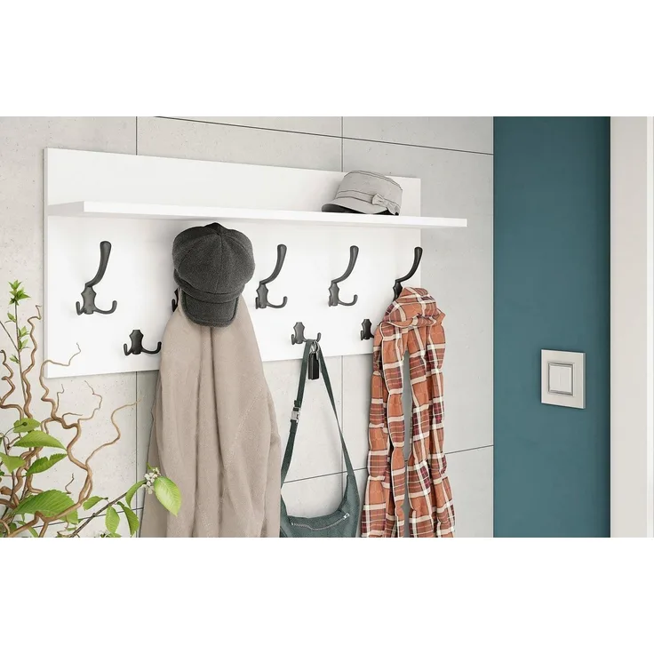 designimpex Garderobenpaneel Design Garderobe 90 x 40 cm Weiß matt - Schwarz Kleiderhaken Finlo