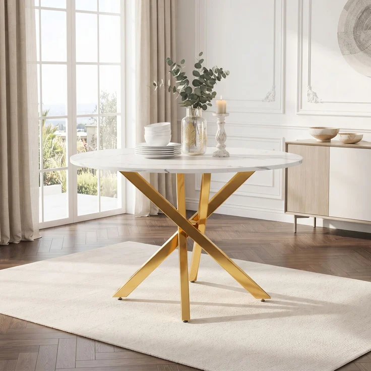 Runder Esstisch Ø 80 cm mit Marmoroptik und goldfarbenem Metallgestell – Bild 2