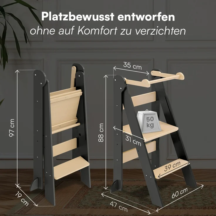 Bellabino 'Tay' Lernturm für Kinder ab 1 Jahr, Tritt 2-fach höhenverstellbar, natur/grau, Birke Sperrholz, klappbar, Tritthocker bis 50 kg belastbar – Bild 9