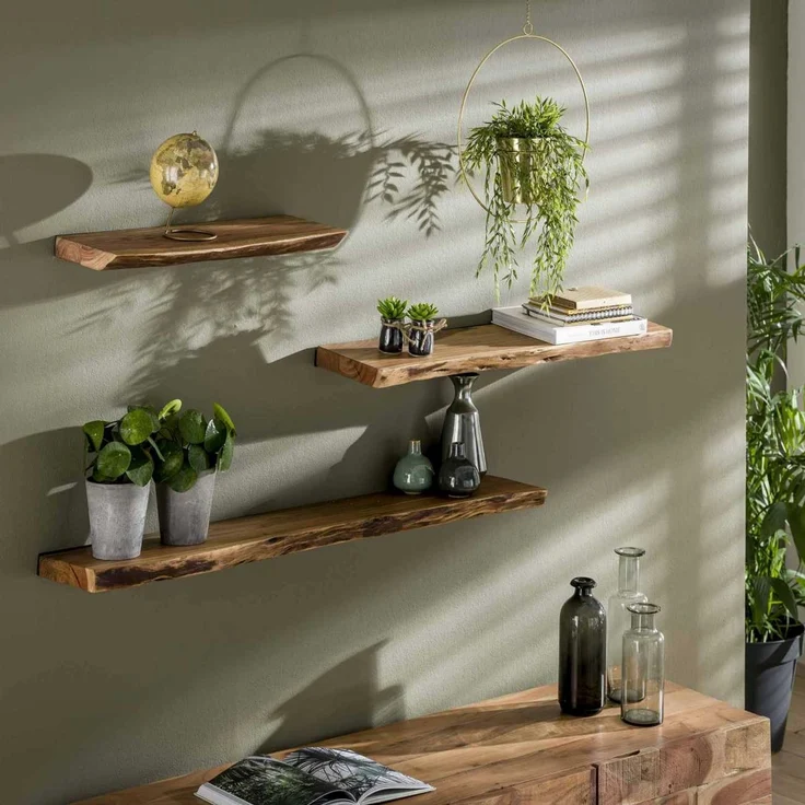 Wandregal Bord Akazienholz massiv, Baumkanten-Design, modern, natur, 120 cm, verdeckte Befestigung – Bild 2
