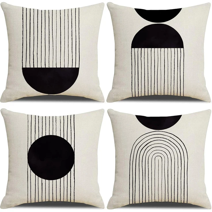 Kissenbezüge 45×45 cm 4er-Set Boho Schwarz/Beige, Mid-Century Arch Sun, Baumwoll-Leinen, Sofa Deko – Bild 1