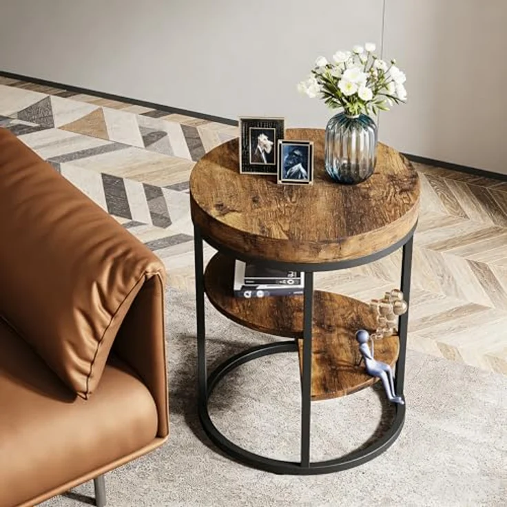 LITTLE TREE Beistelltisch rund, Kleiner Couchtisch mit Ablage - 3 Ebenen, runder moderner Kaffeetisch mit Metallgestell für Wohnzimmer Schlafzimmer, Industrie-Design, vintagebraun-schwarz – Bild 3