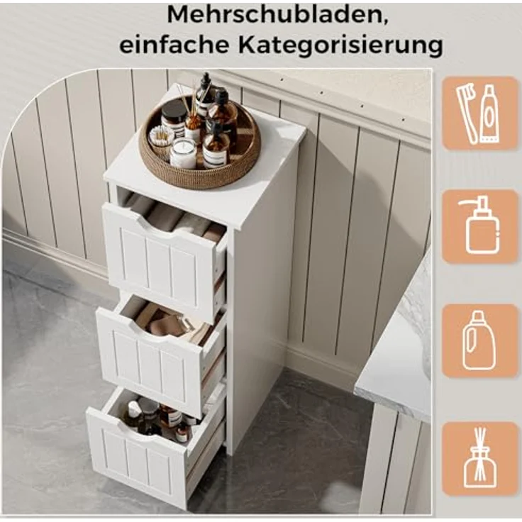 Sweetcrispy Badezimmerschrank schmal modern, Badkommode mit 3 Schubladen, Hochglanz Weiß, großer Stauraum, Badezimmer Kommode, 32 x 30 x 81cm – Bild 4