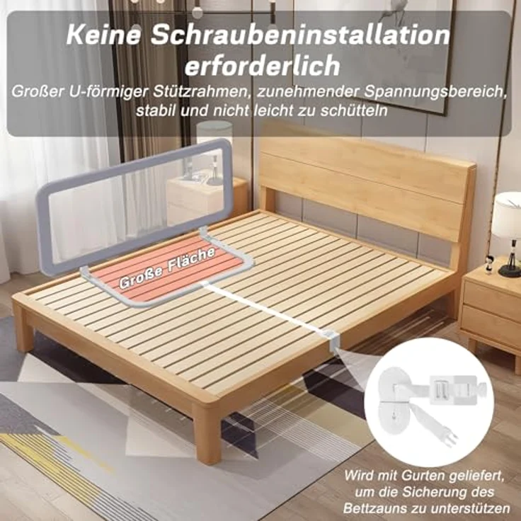 YIKANWEN Tragbare Bettgitter 150cm, Bettschutzgitter für Kinder ab 0 Monate-10 Jahren, Rausfallschutz für Kinderbetten,Boxspringbetten – Bild 2