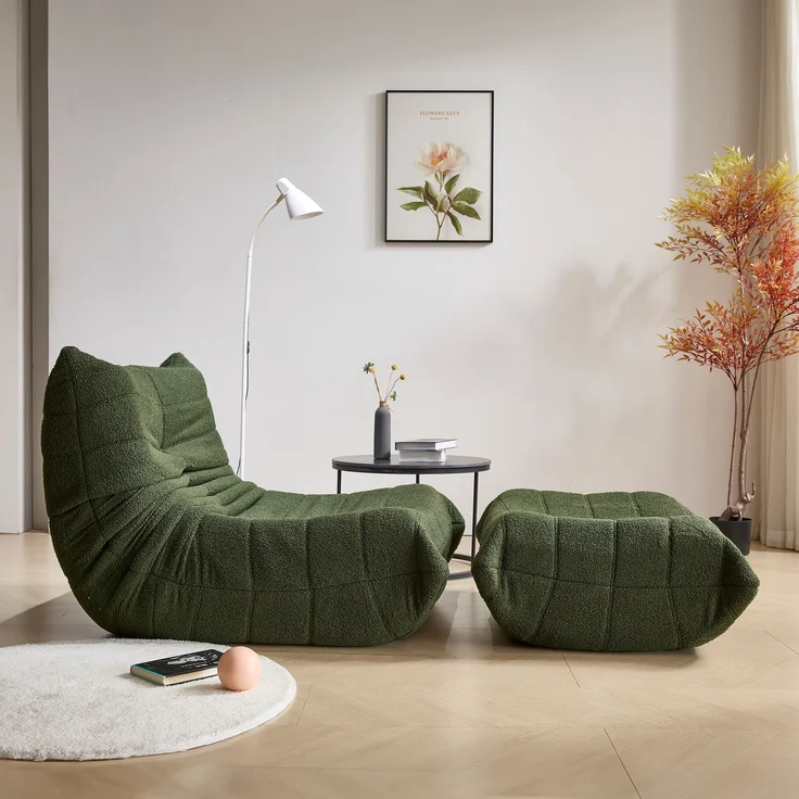 2-teiliges Loungesofa-Set aus Teddy-Vlies, ergonomisch, leicht, 112x189x82 cm, Grün, 110 kg Belastbarkeit – Bild 4