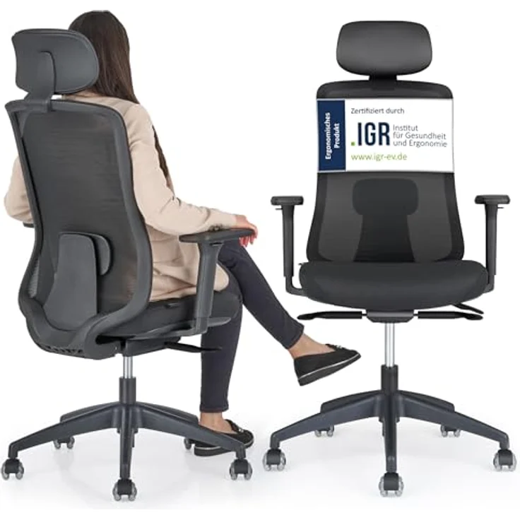 SCHEKKA ErgoPrime Pro Bürostuhl ergonomisch, IGR Zertifiziert, 100% individuell einstellbar, Schwarz, 150 kg, TESTSIEGER – Bild 1