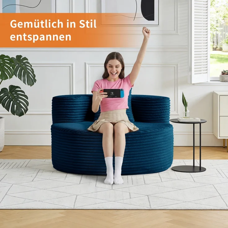Großer Cord-Sitzsack-Sessel mit Zierkissen, weich gepolsterter Loungesitz 112 cm ohne Montage für Wohn- und Schlafzimmer, Blau – Bild 4