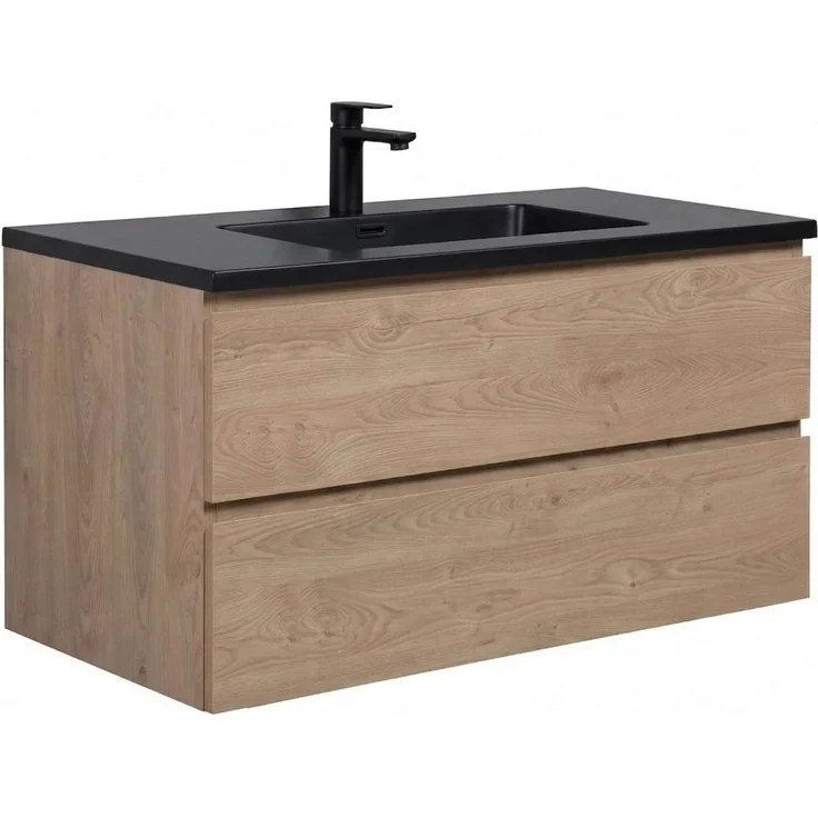 Badplaats Badezimmermöbel-Set Angela 100 cm – Kastanien Eiche – Badezimmermöbel mit Schwarzem Waschbecken – Bild 1