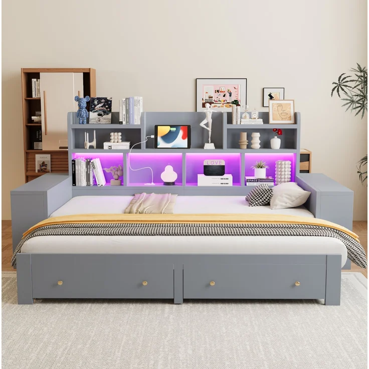 CHICFURN Ausziehbett aus MDF Grau 90/180x200 cm mit Stauraum und LED-Beleuchtung – Bild 6