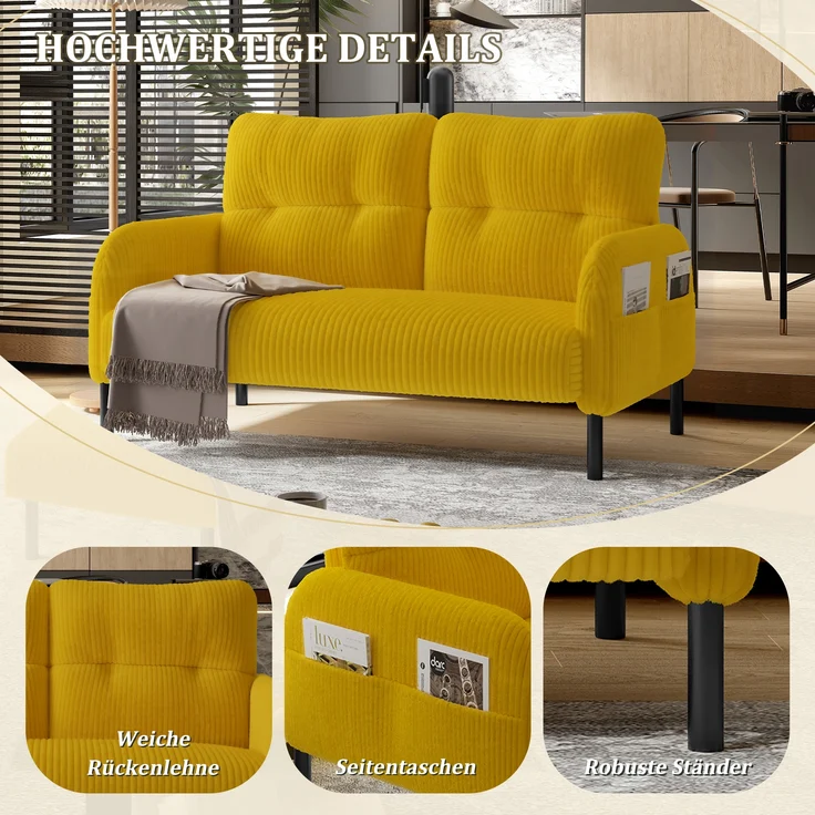 LVHOM 2-Sitzer Sofa mit Metallsockel, Doppelsofa Cordstoff mit Seitentaschen, Polstersofa Stoffsofa Sitzmöbel Loungesofa, 120x79x75cm – Bild 4