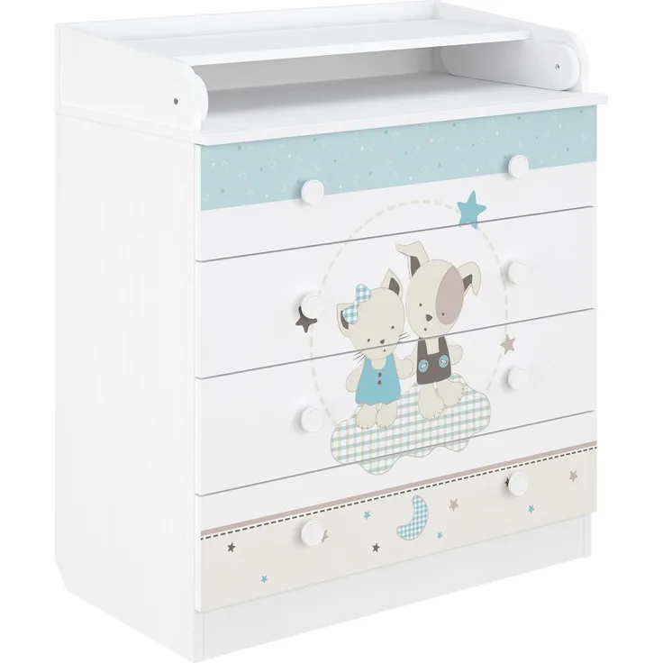 Shefa Kids Wickelkommode 800 Weiß - Besten Freunde Design, 4 Schubladen, klappbar