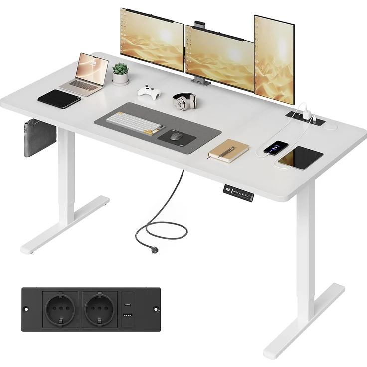 JUMMICO Höhenverstellbarer Schreibtisch 160x80 cm mit Steckdose