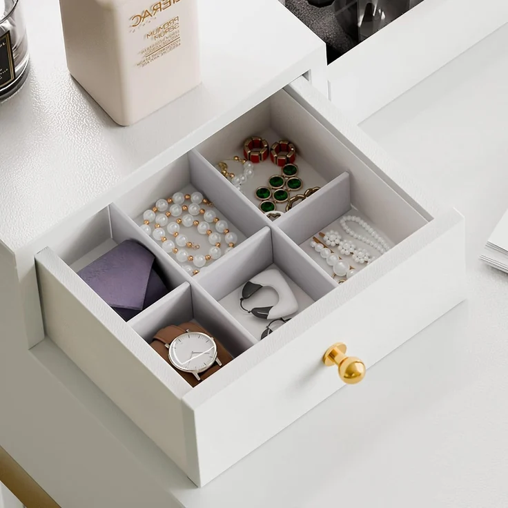 Mondeer Schminktisch mit Spiegel und Hocker, Schlafzimmer Frisiertisch mit 3 Farben LED-Beleuchtung 2 Schubladen 2 Schmuckkasten und 3 offenen Fächern, für Schlafzimmer, Weiß und Gold – Bild 3