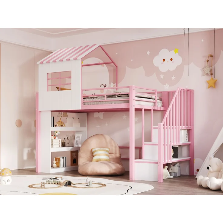 Merax Hochbett 90×200 cm, Kinderbett, Jugendbett, Hausdesign, Mehrstöckiges Stauraumregal, Sichere Treppe (montierbar links/rechts), Rosa – Bild 6