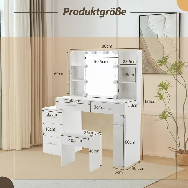 Thanaddo Schminktisch Schminktisch mit Schiebespiegel, 5 Schubladen und offenen Regalen (1 x Schminktisch, 1 x Hocker, 1 x Anleitung), 5 Schubladen, 4 offene Regale, großes Fassungsvermögen – Bild 3
