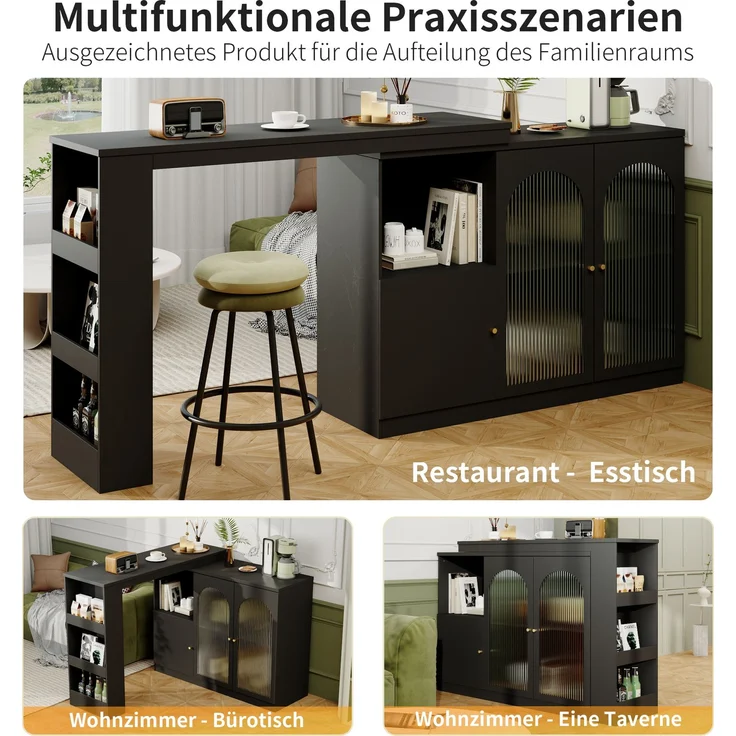 ZUBALIYA Drehbarer Bartisch 120 x 40 cm, mit Stauraum, mit Glastüren, MDF, Schwarz – Bild 17
