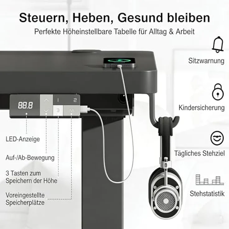 Devoko Höhenverstellbarer Schreibtisch 160x80 cm elektrisch, Höhenverstellung 71-121 cm mit Smart Control, 120 kg Tragkraft, für gesundes Arbeiten – Bild 6