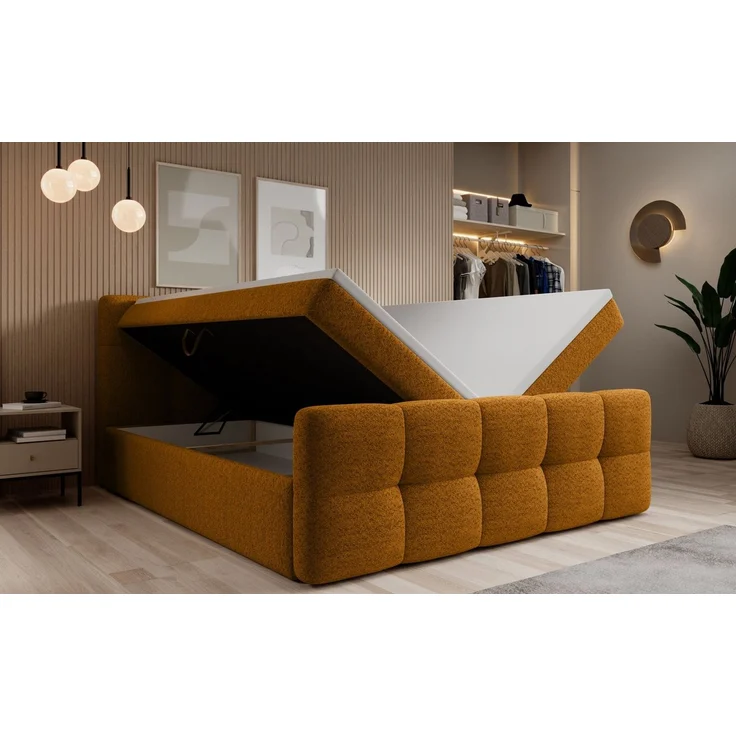 thematys Boxbett mit Bettkasten 140x200cm, mit Bonnellfederkernmatratze H3, Bouclé/Velours, mit Stauraum, mit 3 cm Topper, Inca Gold (Arena 10), Art.-Nr. S04GH0RGSWI – Bild 2