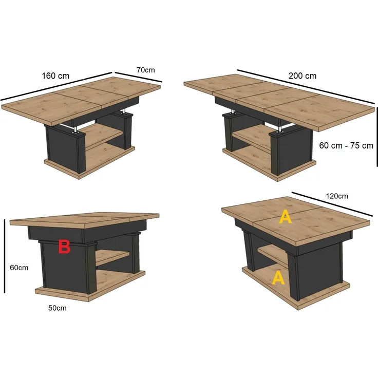 designimpex Couchtisch DA-666 höhenverstellbar ausziehbar 120/200 cm Esstisch Wohnzimmer, Funktionstisch, Wohnzimmertisch, Tisch, Esstisch, Sofatisch, Schublade