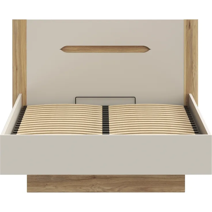 Stauraumbett >EDWAL< Lift-Lattenrost, sandfarbig / Eiche Dekor - 156,2x105,7x206,6cm BxHxT