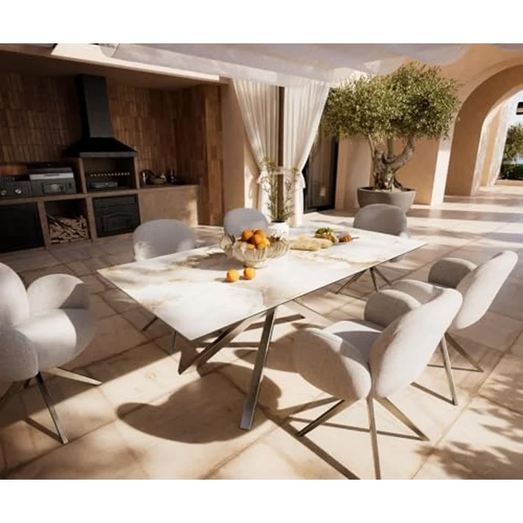 Outdoortisch Edge 200x100 cm Keramik Minas Melange Weiß-Beige Kreuzgestell Rechteck Edelstahl – Bild 4