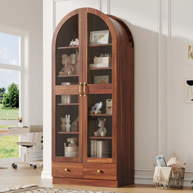 Vitrine 76 x 40 x 180 cm aus MDF und Glas, Nussbaum-Optik mit Bogenprofil – Bild 4