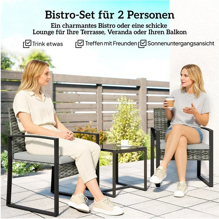 Outsunny Sitzgruppe mit 2 Gartenstühlen, Couchtisch, abnehmbar Kissen, (Gartenmöbel-Set, 3-tlg, Bistroset), für Garten, Terrasse, Hellgrau – Bild 3