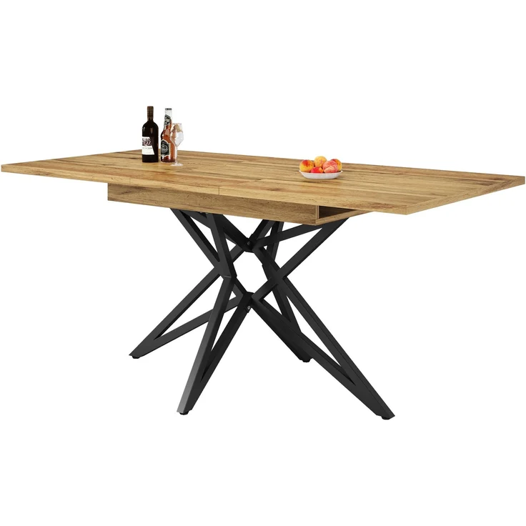 Ausziehbarer Esstisch 120 (160) x 80 cm, ausziehbarer Küchentisch, Frühstückstisch, sternförmige Tischbeine, schwarze Eisenbeine, Tischplatte aus Walnussholz/Marmorimitat – Bild 10