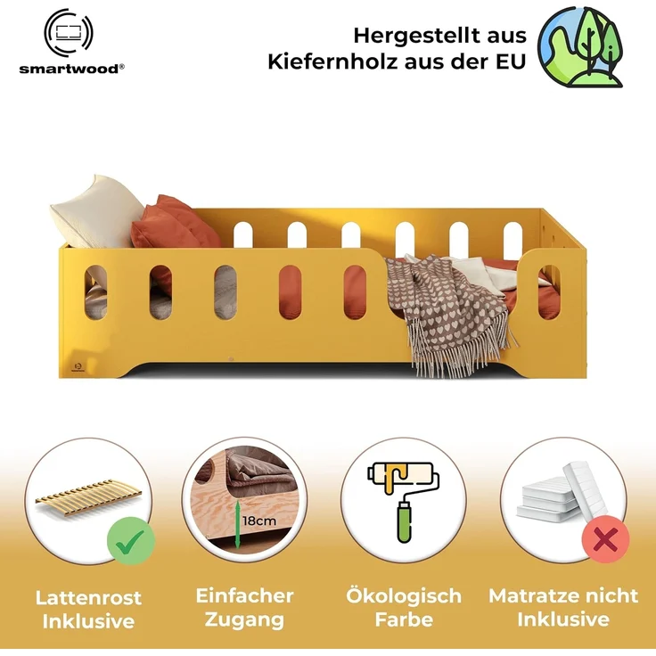 smartwood Kinderbett Bodenbett 120x190 mit Rausfallschutz & Lattenrost - Senfgelb - Kinder Montessori Bett TILA 2P mit glatten Kanten - Betten für schnelle Montage - Bis 300 kg belastbar – Bild 3