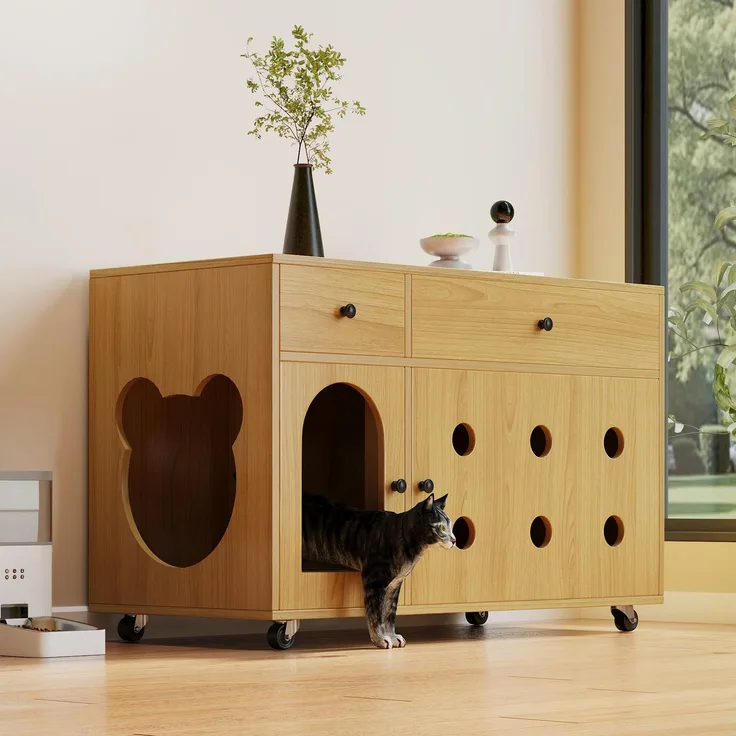 Katzenkloschrank (bewegliche Katzentoilette) – Katzenschrank/Katzenhaus mit abnehmbare Sandablassplatte, geruchsisoliert, ohne Katzenklo, 100×45×66 cm (Naturholzfarbe, Gelbmaplefarbe)