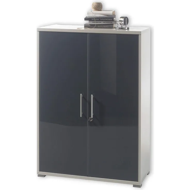 Stella Trading OFFICE LUX Aktenschrank abschließbar, grau mit graphit lackierter Glasfront - Büroschrank mit 2 Türen - Modernes Büromöbel Komplettset - 78 x 114 x 35 cm (B/H/T)