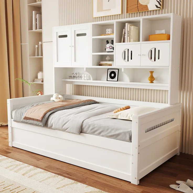 Holz-Schlafsofa, Multifunktionaler Stauraum hydraulisches Bett Einzelbett Jugendbett Bettgestell, Holz, Weiß, 90 x 200 cm
