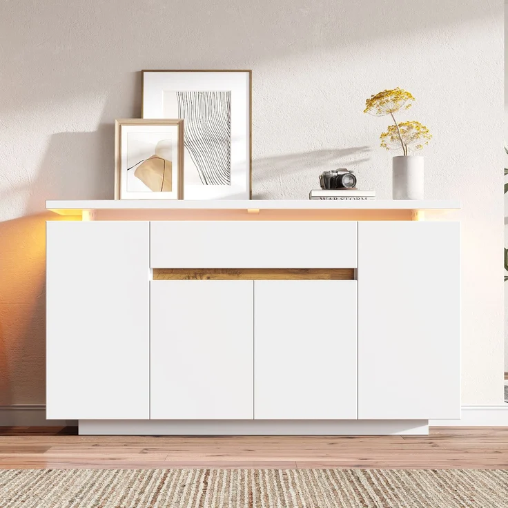DESVIAE Sideboard mit LED-Beleuchtung und Schublade 140x80x40 cm Spanplatte Weiß – Bild 1