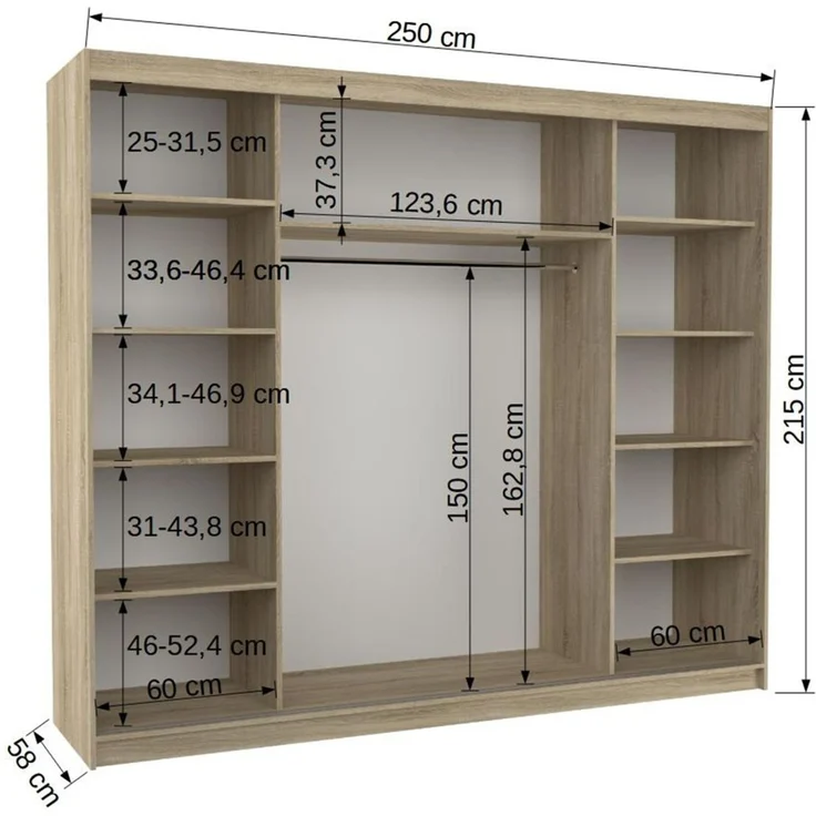 Schiebetürenschrank Schrank SHINE in Sonoma matt- Weiss-Spiegel 250x215x58 cm – Bild 3