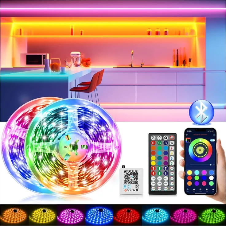 LED Streifen LED Strip 30m mit Fernbedienung & App & Musik Sync, Bluetooth RGB Lichterkette Dimmbar Farbwechsel, Band Stripes Selbstklebend für Zimmer Deko/TV/Schlafzimmer/Decke/Gaming/Party 2×15m