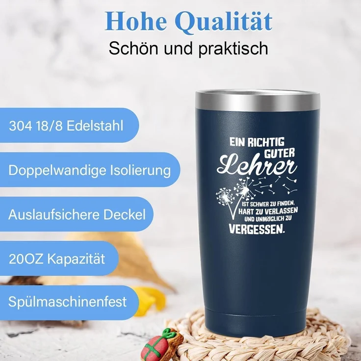 Livole Lehrerin Geschenk Thermobecher 600ml Edelstahl Becher to go Blau Rosa – Bild 2