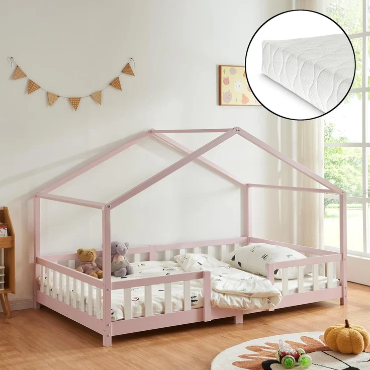 Kinderbett Treviolo 140x200 cm mit Kaltschaummatratze und Gitter Rosa / Weiß [en. casa] – Bild 1