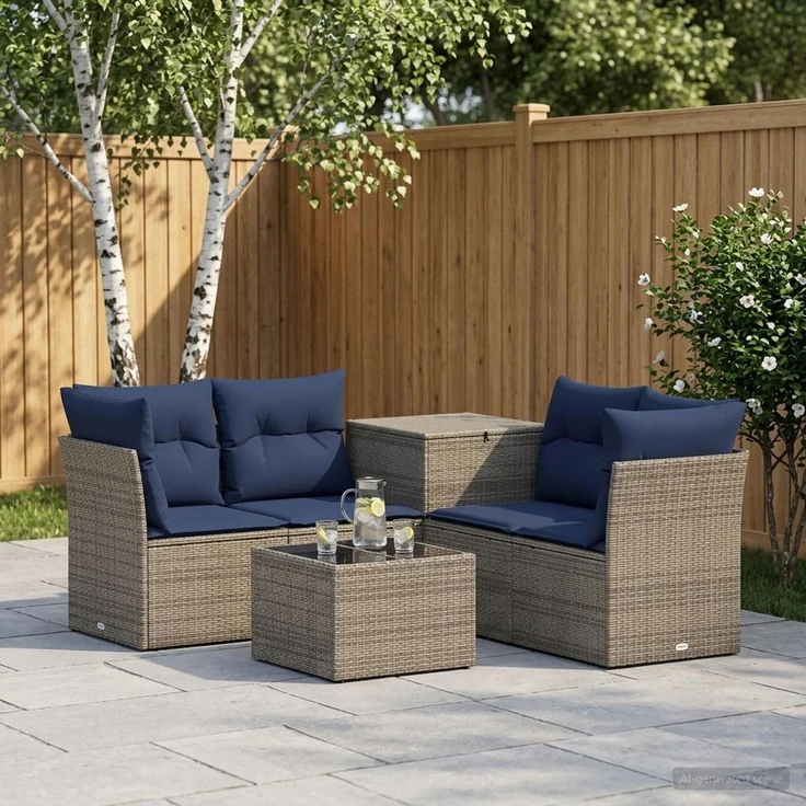 vidaXL Sofa Set 6 stk. Grau und Marineblau Polyrattan und Stahl 3447351 – Bild 1