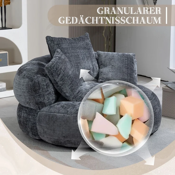 LVHOM XXL Sitzsack Chenille mit 3 Kissen, Lazy Sofa Kuschelig & Atmungsaktiv, Memory Foam Split, 108x108x52cm – Bild 4