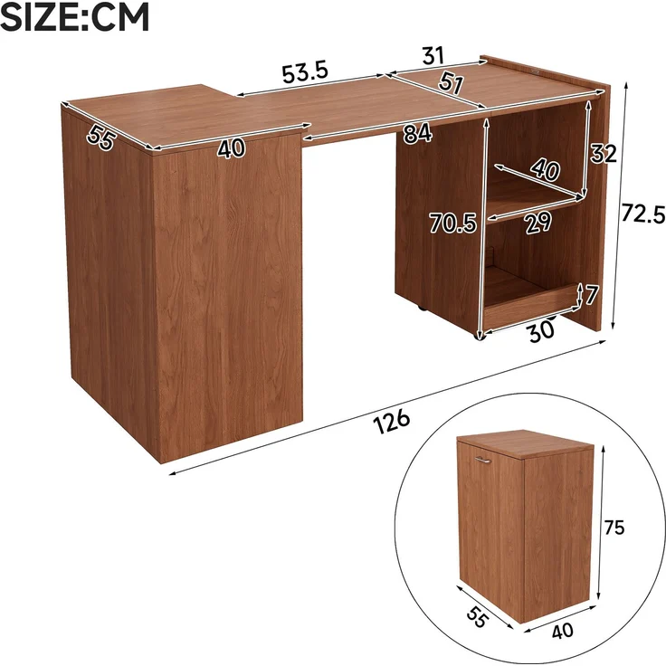 Schreibtisch aus Spanplatte, klappbar mit 4 Ablagefächern & Rollen, 126x55x75 cm, Walnuss – Bild 5