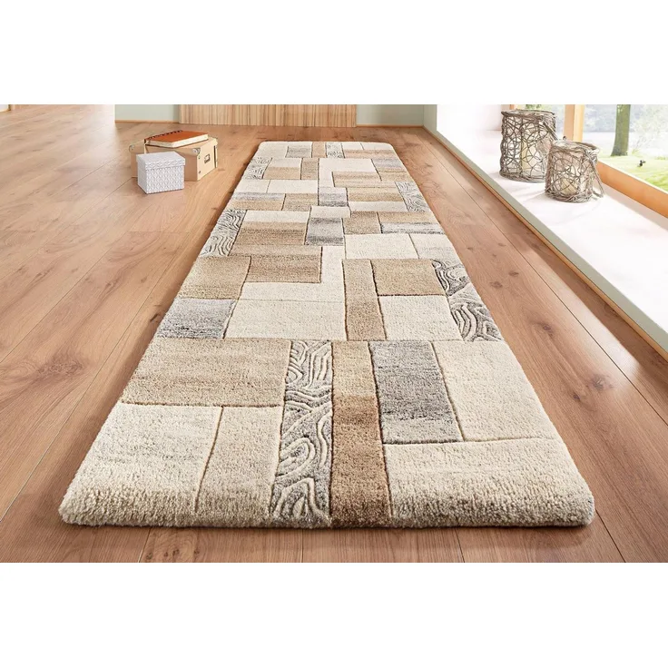 THEKO Läufer Lola, Wolle, handgearbeitet, Patchwork Design, rechteckig, Höhe: 12 mm, Teppich-Läufer, handgetuftet, Flur, Brücke