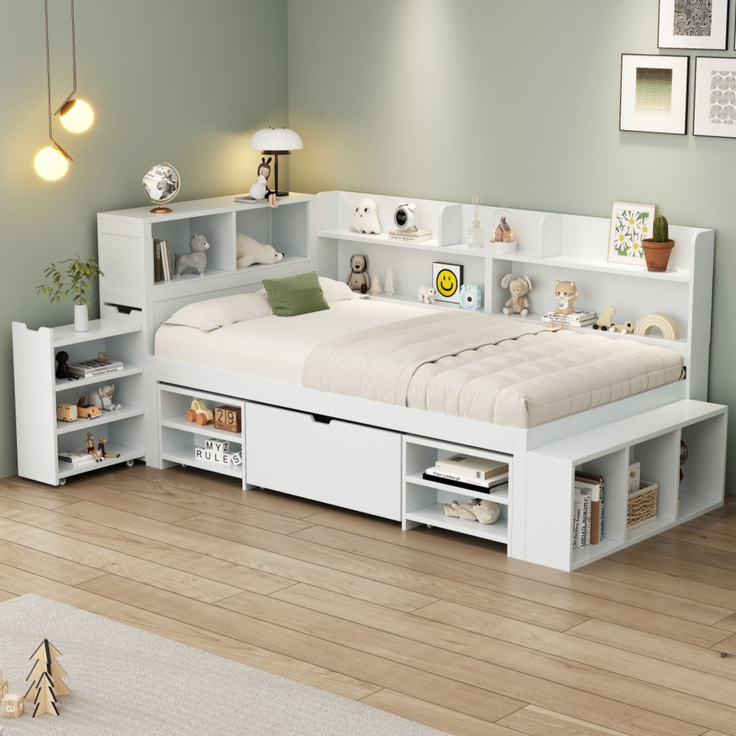 Merax Kinderbett mit Schubladen, Bücherregal & Stauschrank, mit Lattenrost, ohne Matratze, Plywood weiß, 90 x 200 cm
