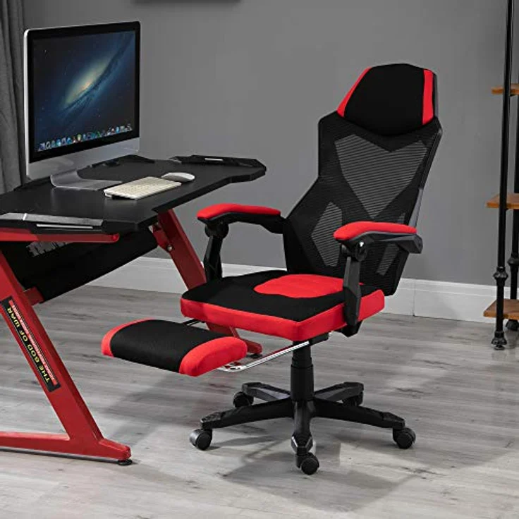 Vinsetto Bürostuhl mit Fußstütze, Höhenverstellbar, Ergonomisches Design, Rot & Schwarz – Bild 9