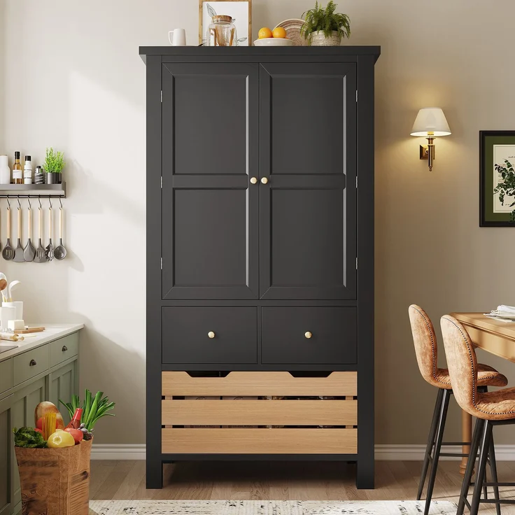 Küchenschrank (80x40x140cm), hohes Küchenbuffet, Mehrzweckbuffet, Snackschrank, Aufbewahrungsmöbel mit zwei Türen und fünf Schubladen, schwarz/weiß--Schwarz--80x40x140cm--YOUDENOVA – Bild 3