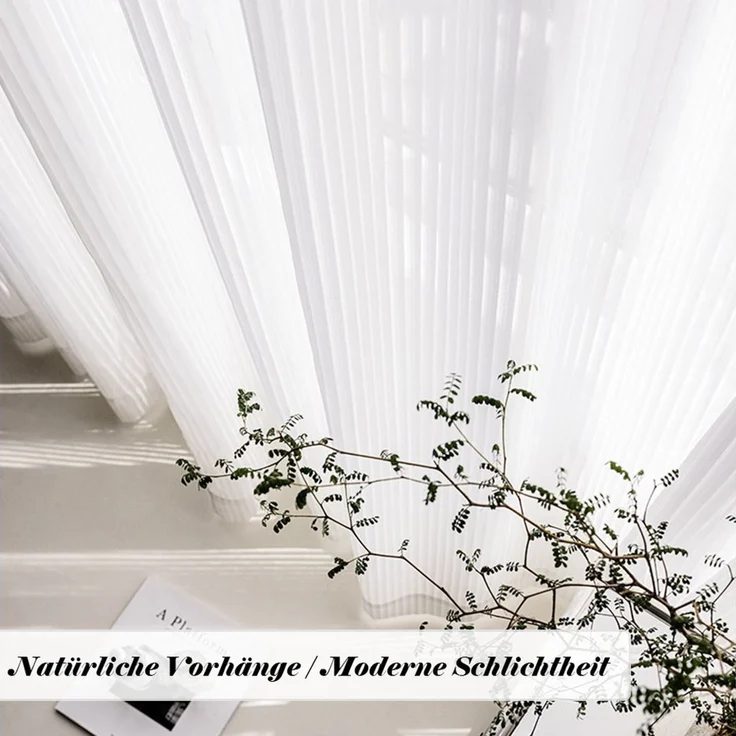 TUWENA Gardine 2er Set Vorhänge Gestreifte Gardinen mit Ösen, Voile Gardinen Weiß, Blickdicht 80% Lichtdurchlässig Gardine Vorhang für Schlafzimmer – Bild 3