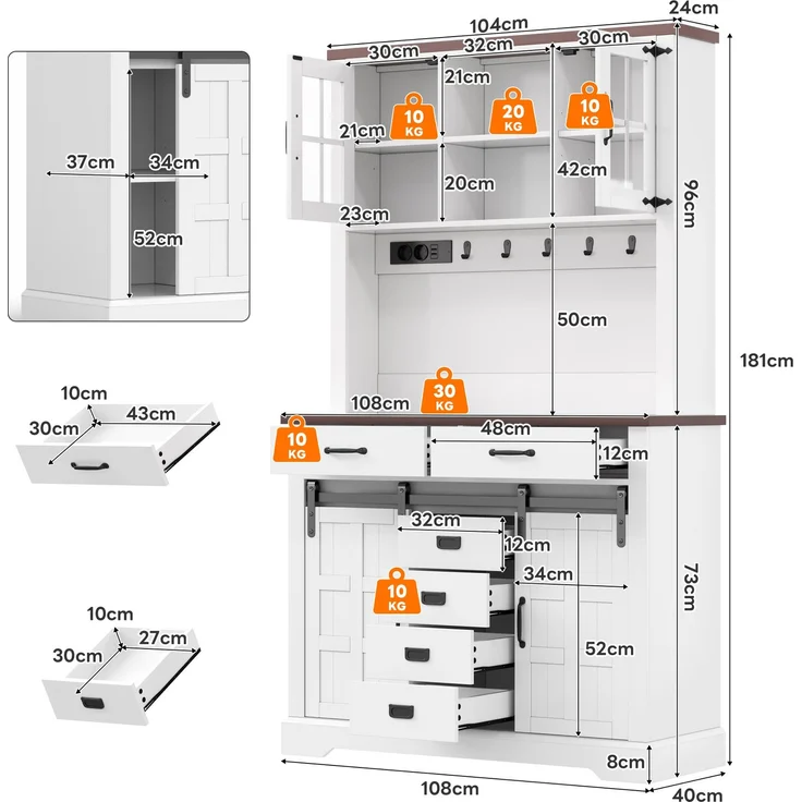 Küchenschrank, Buffetschrank, Sideboard mit Steckdose und LED-Beleuchtung, Küchenmöbel mit Arbeitsplatte, 6 Schubladen, verstellbare Einlegeböden, Haken, 180 × 108 × 40 cm, Weiß – Bild 8