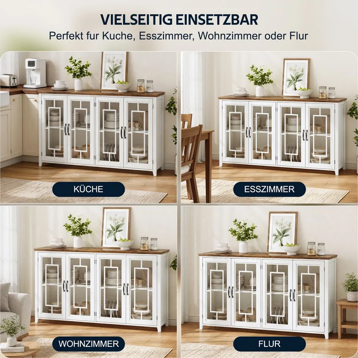 Merax 160cm Küchen-Sideboard mit Glastüren, einem geräumigen Staufach, einer Arbeitsplatte in Holzoptik und einer Kippsicherung, Weiß – Bild 3