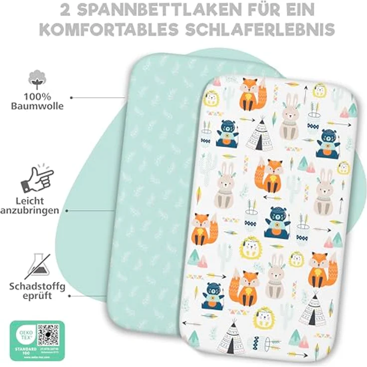 2X Spannbettlaken aus 100% Baumwolle mit Gummiband - 1X Matratzenschoner aus 100% wasserdichtem Material - 3er-Set - 50x83 cm - Fuchs – Bild 4
