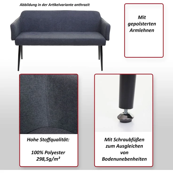 Sitzbank HWC-L13, Esszimmerbank Bank Polsterbank Garderobenbank Rückenlehne Armlehne Stoff/Textil 133cm ~ anthrazit – Bild 2
